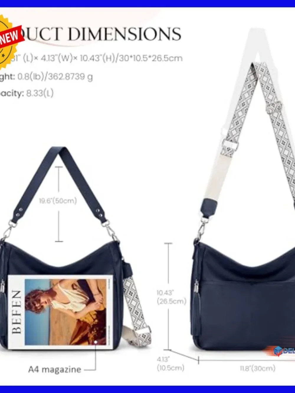 Genuine Leather Hobo Crossbody Bag with Adjustable Straps, Large Size